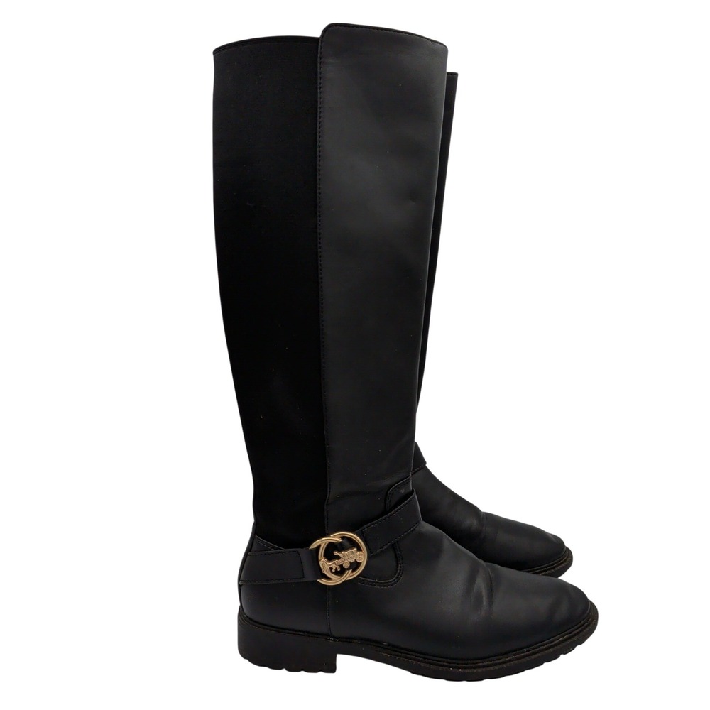 Coach Farah Tall C0625 Black Leather Riding Boots Gold Horse Carriage Womens 8B